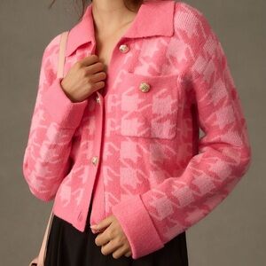 English Factory Cropped Houndstooth Cardigan Sweater -Sz M